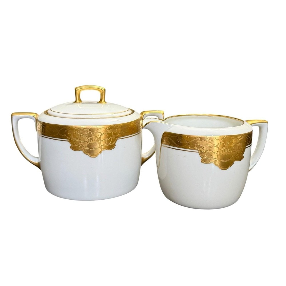 Vintage MZ Austria White Gold Encrusted Sugar Bowl & Creamer Set Porcelain